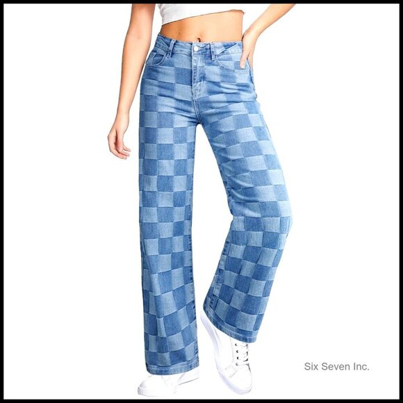 Denim - Wide Leg Jeans High Waisted Stretchy Straight Leg Checkered Loose Denim Pants